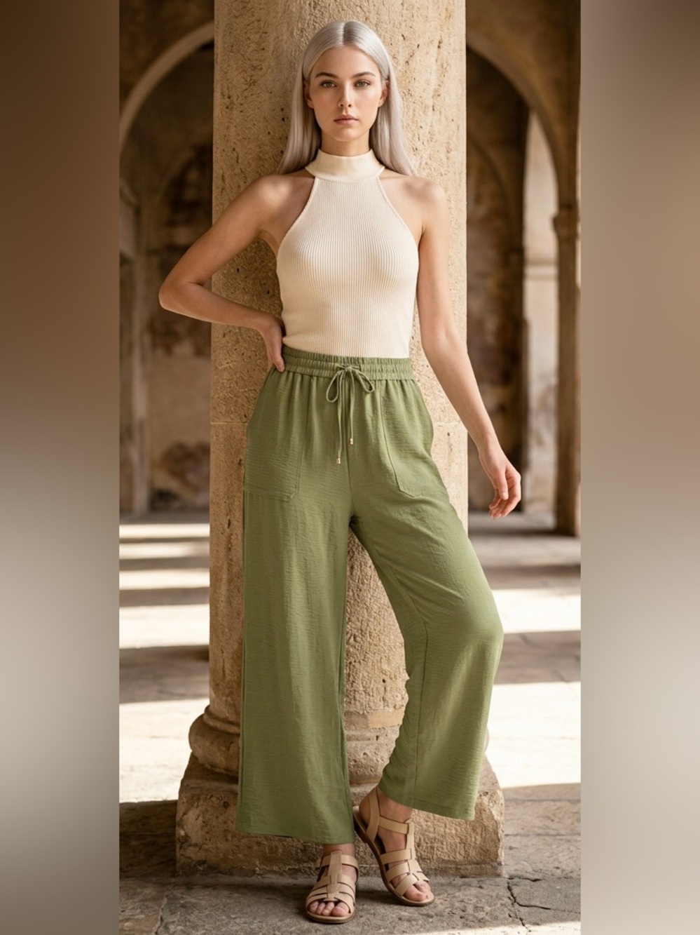 Michael Kors Crinkle Cropped Wide Leg Pants Lightweight Spring Green Size XL EUC